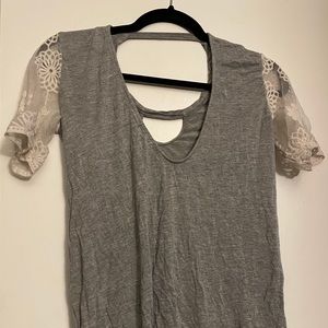 gray shirt with lace sleeves